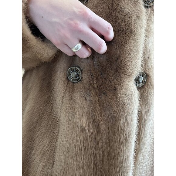 Vintage 60s Mink Fur Coat Tan Double-Breasted Design Long Sleeves Satin Lining - Picture 11 of 11